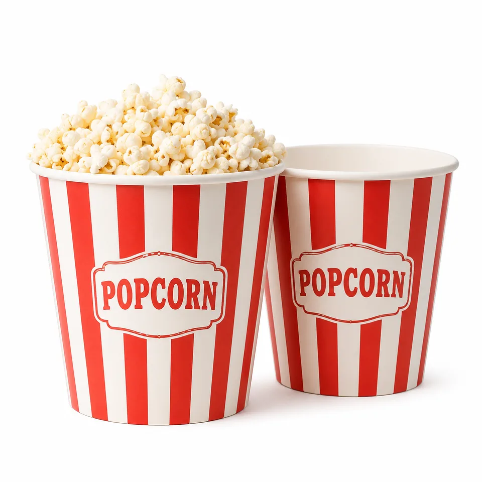 2 baldes de pipoca estilo cinema, brinde grátis