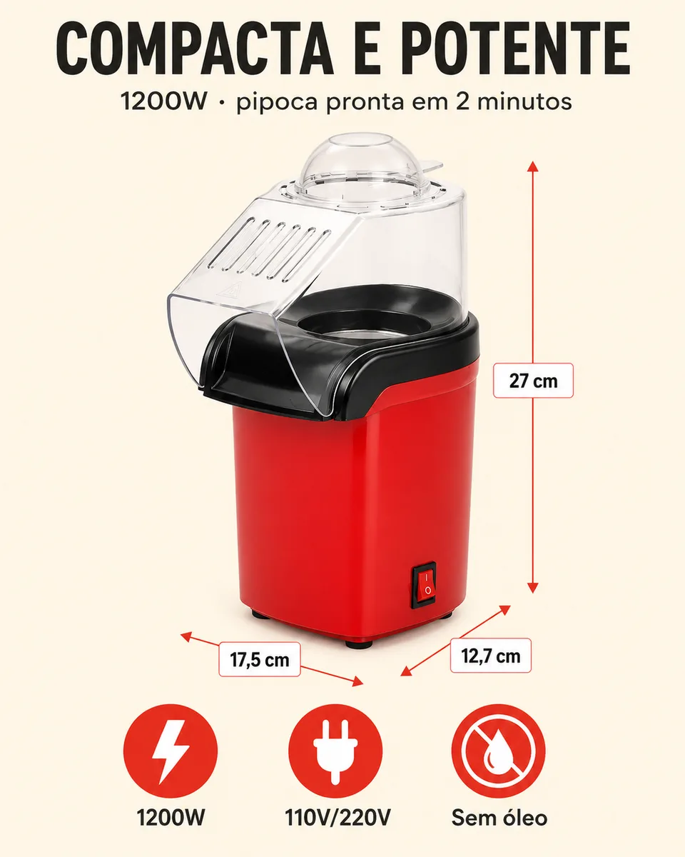Compacta e potente,1200W, dimensões 17,5 × 12,7 × 27 cm