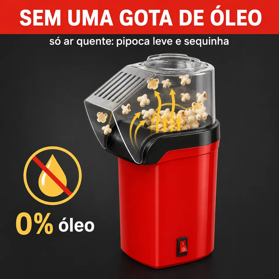 Sem uma gota de óleo, só ar quente, pipoca leve e sequinha